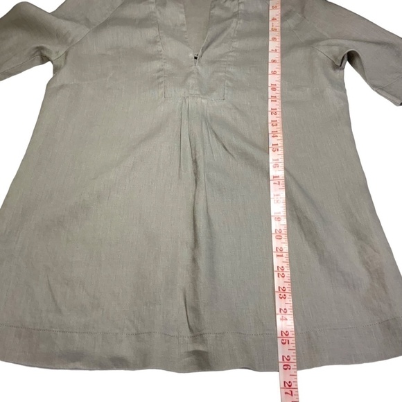 MEXX 100% Linen Beige/Grey Short Sleeve Popover Top Split Vee Neckline US Sz 6 - Picture 7 of 11